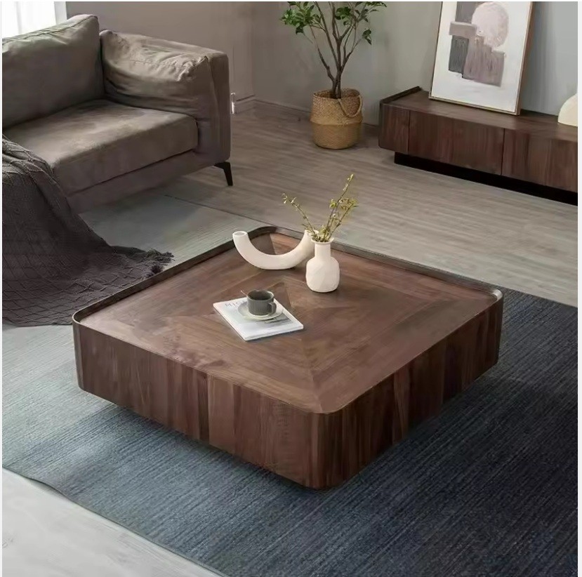 Modern Living Room Furniture Square Tea Table Base Living Room Tea Table Coffee Table Walnut Bark Wood Frame Metal Simple Modern