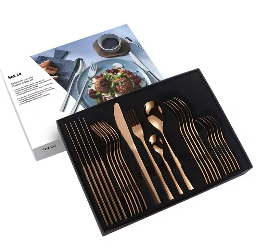 Rose Gold Cutlery Sets 24 Pieces Stainless Steel Copper Flatware Sets Service for 6 Person