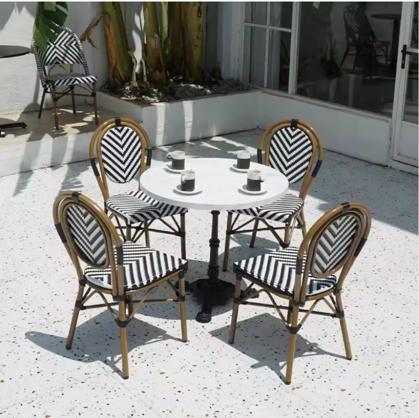 French Bistro Outdoor Furniture Outdoor Rattan Chair Wicker Coffee Restaurant Garden Aluminium Dining Table and Chair Set