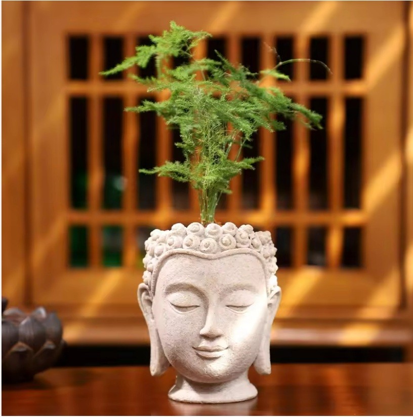 Wholesale Asian Zen Style Bonsai Planter Succulent Pot Painted Buddha Head Decorative Garden Desk Cartoon Figurine for Home Use