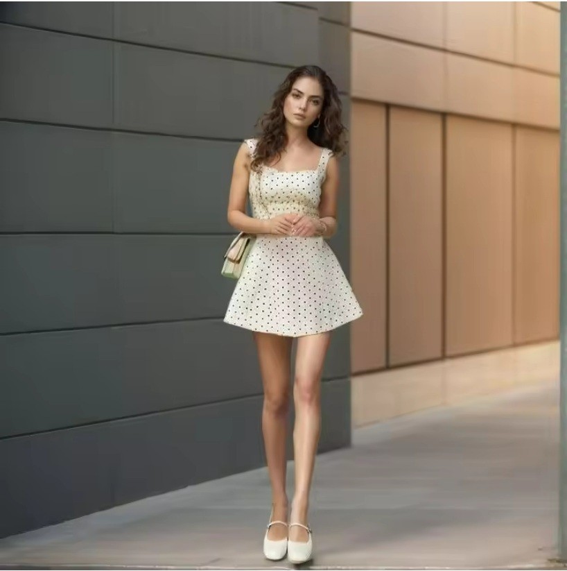 Women's Elegant Linen Square Neck Polka Dot Zipper Ruffle Hem Dress Mini Casual Summer Evening Clothes Wholesale Supplier