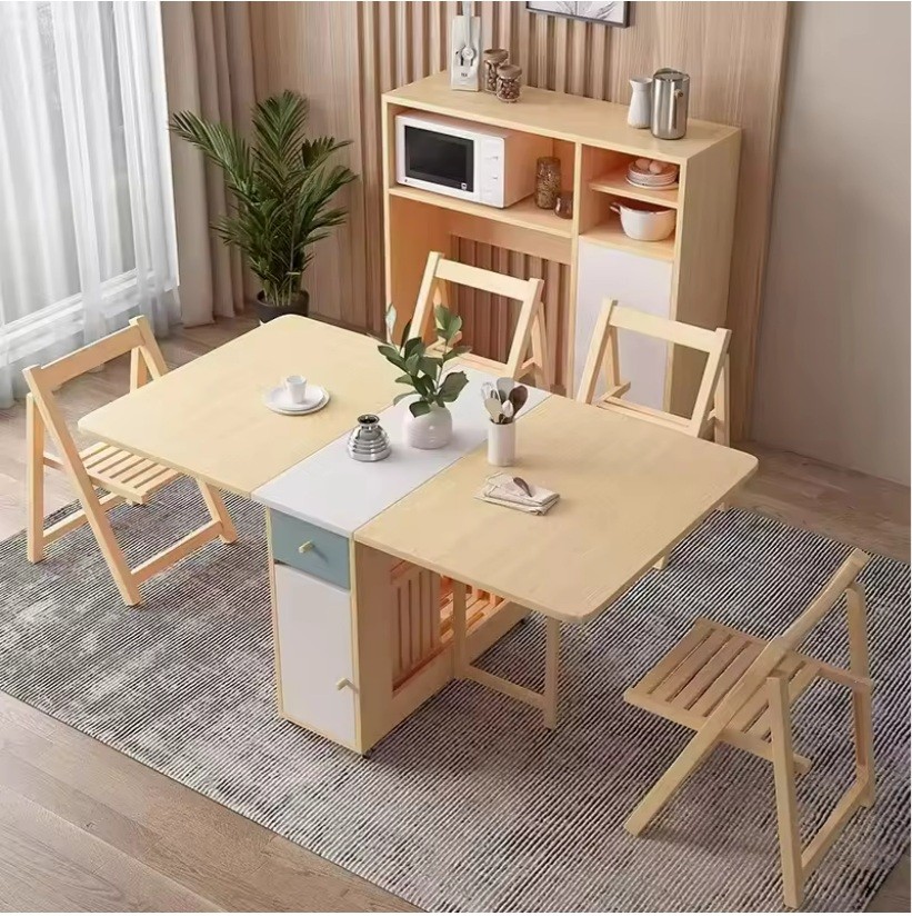 Wood Table for Family MDF Board Covered Thickened Table With Hidden Chairs Dining Table Multifunctional Retractable Folding