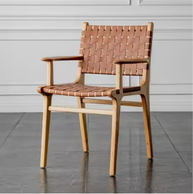 Woven Rope Leather Rattan Dining Chair Style Patio Walnut Wooden Retro Saddle Leather Modern Restaurant Furniture Sedie Legno